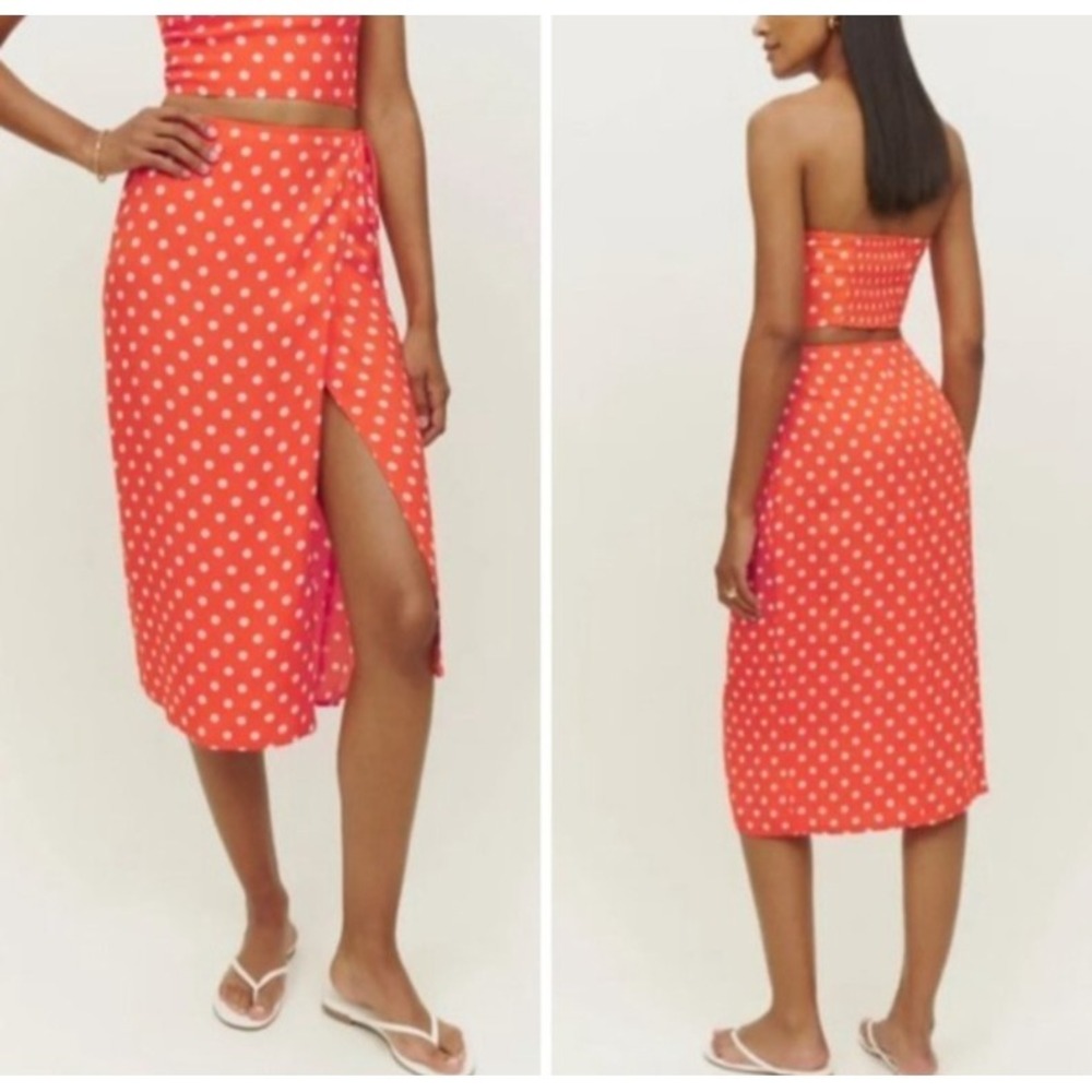 Reformation Skirt Size 10 Orange White Polka Dot Wrap Skirt